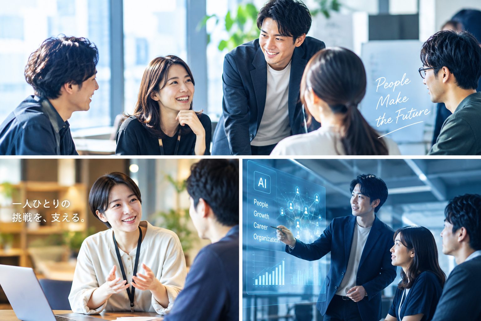 「People Make the Future」「一人ひとりの挑戦を、支える。」のコピーと、対話やミーティングでキャリアを考えるメンバーの写真
