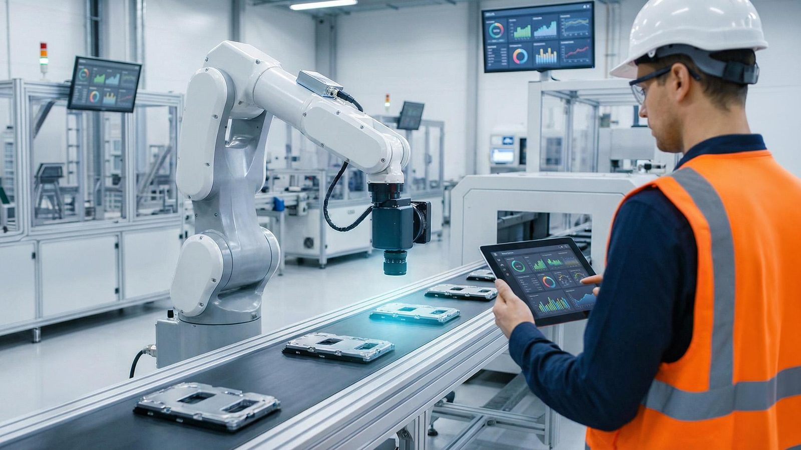製造ラインでカメラ付きロボットアームが部品を検査し、作業者がタブレットでデータを確認している様子