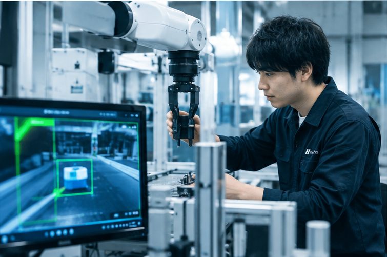 画像認識の画面を確認しながらロボットアームを調整するエンジニア