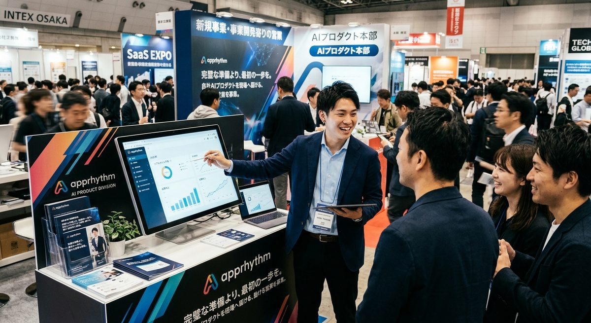 展示会のアプリズムAIプロダクト本部ブースで、来場者にAIプロダクトのダッシュボードを説明する営業メンバー