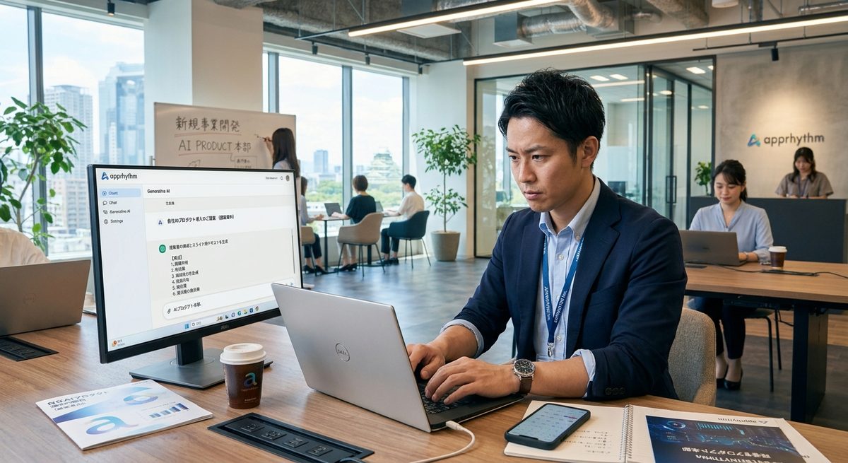 オフィスで生成AIを使いながら提案資料を作成する営業メンバー