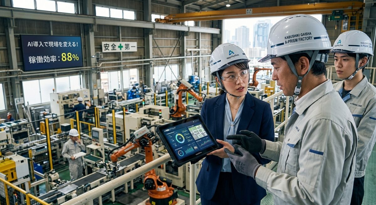 工場の現場でタブレットを見せながら、お客様の担当者に課題をヒアリングする営業メンバー